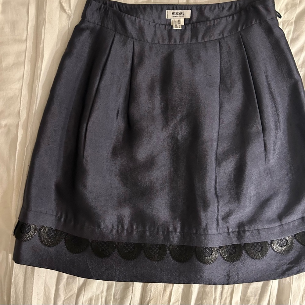 Moschino Cheap and Chic Blue Satin Skirt With Black Lace Trim Lined Size 8 EUC!